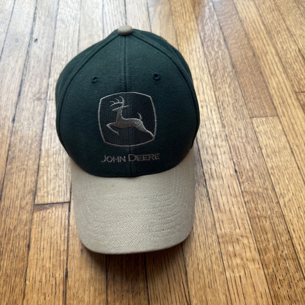 John Deere Snapback Hat Forest Green Tan Two Tone Embroidered Logo Cap